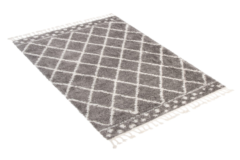Alfombra Boho con Borlas Gris Enrejado Puntos Shaggy