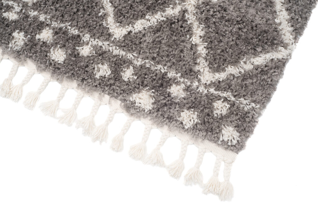 Alfombra Boho con Borlas Gris Enrejado Puntos Shaggy