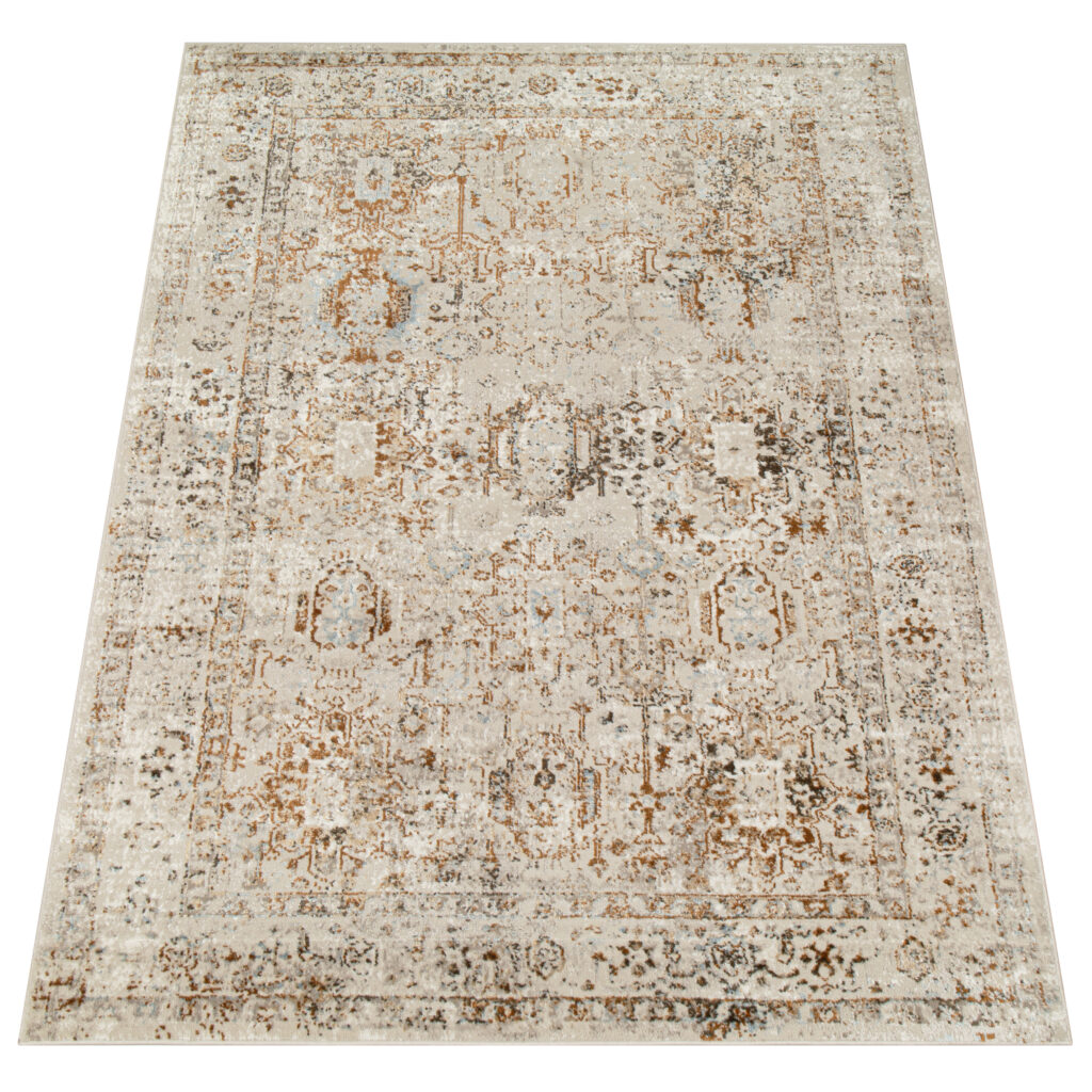 Alfombra Retro Gris Cobre Azul Borde Vintage