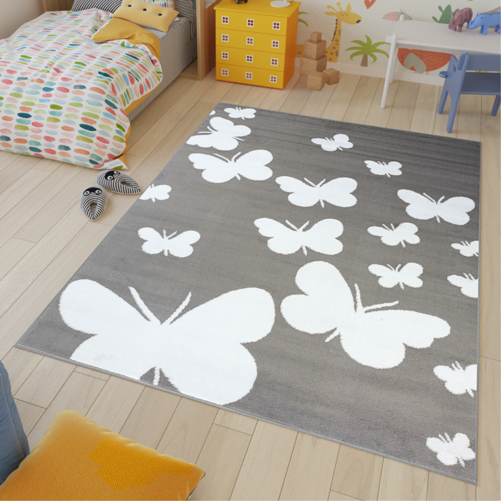 Alfombra Luxury Gris Blanco Mariposas Infantil