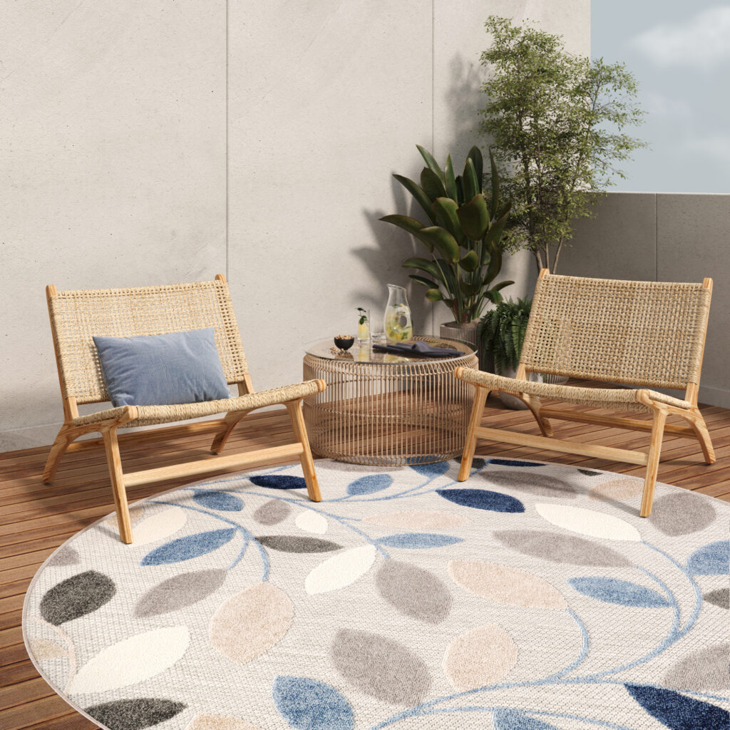 Alfombra Exterior Patio Redonda Gris Azul Hojas