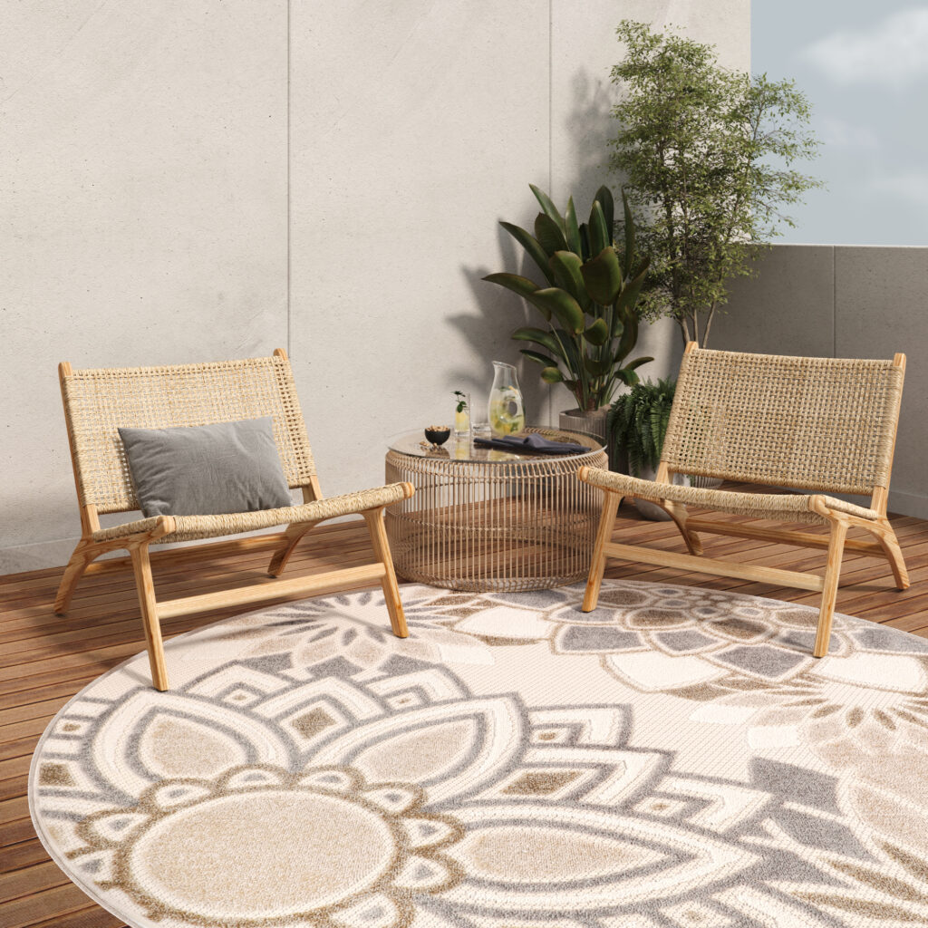 Alfombra Exterior Patio Redonda Crema Gris Flores