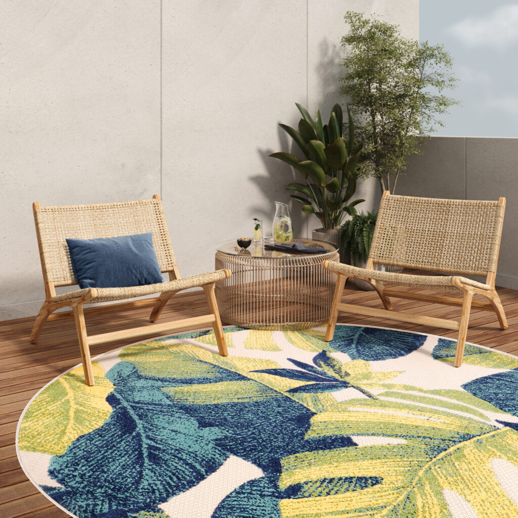 Alfombra Exterior Patio Redonda Crema Hojas Palmera