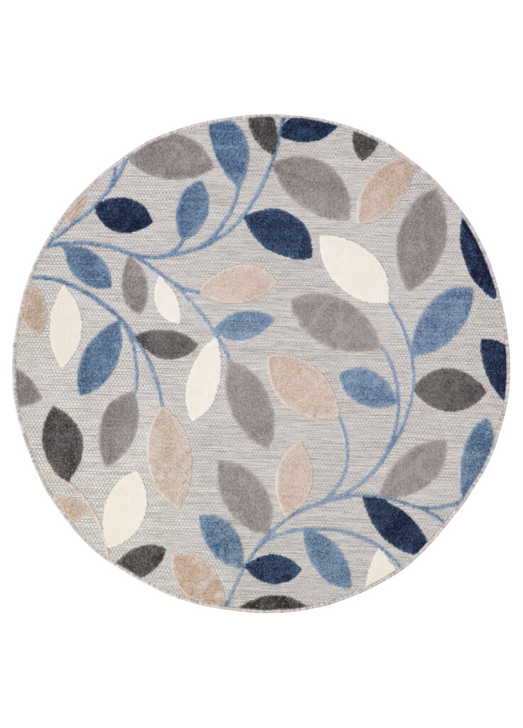 Alfombra Exterior Patio Redonda Gris Azul Hojas