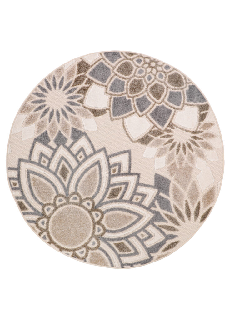 Alfombra Exterior Patio Redonda Crema Gris Flores