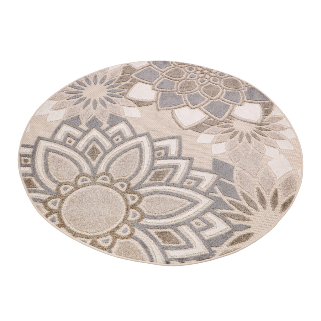 Alfombra Exterior Patio Redonda Crema Gris Flores