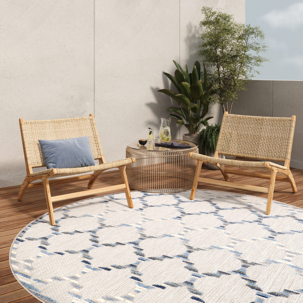 Alfombra Exterior Patio Redonda Gris Azul Trellis