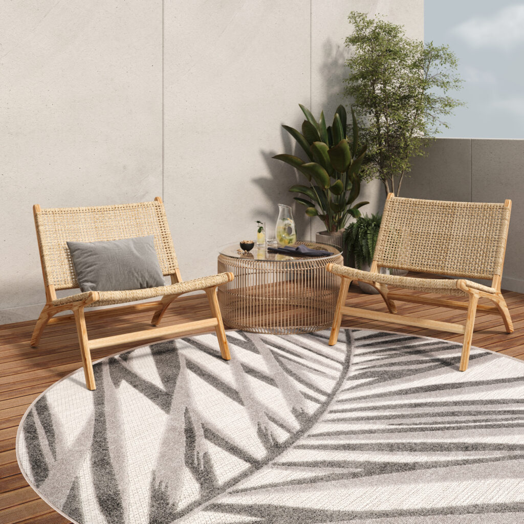 Alfombra Exterior Patio Redonda Gris Beige Hojas