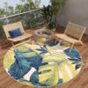 Alfombra Exterior Patio Redonda Crema Hojas Palmera