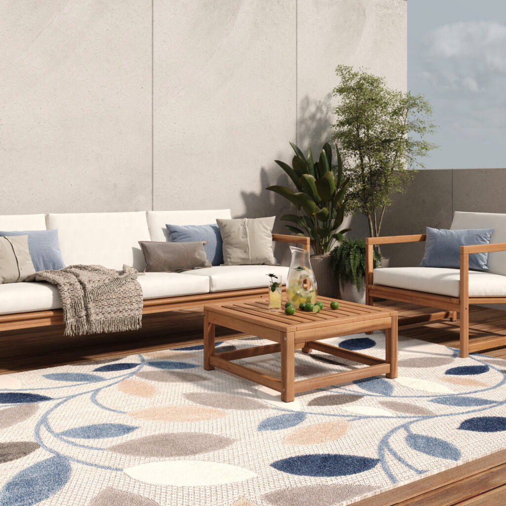 Alfombra Exterior Patio Gris Azul Hojas