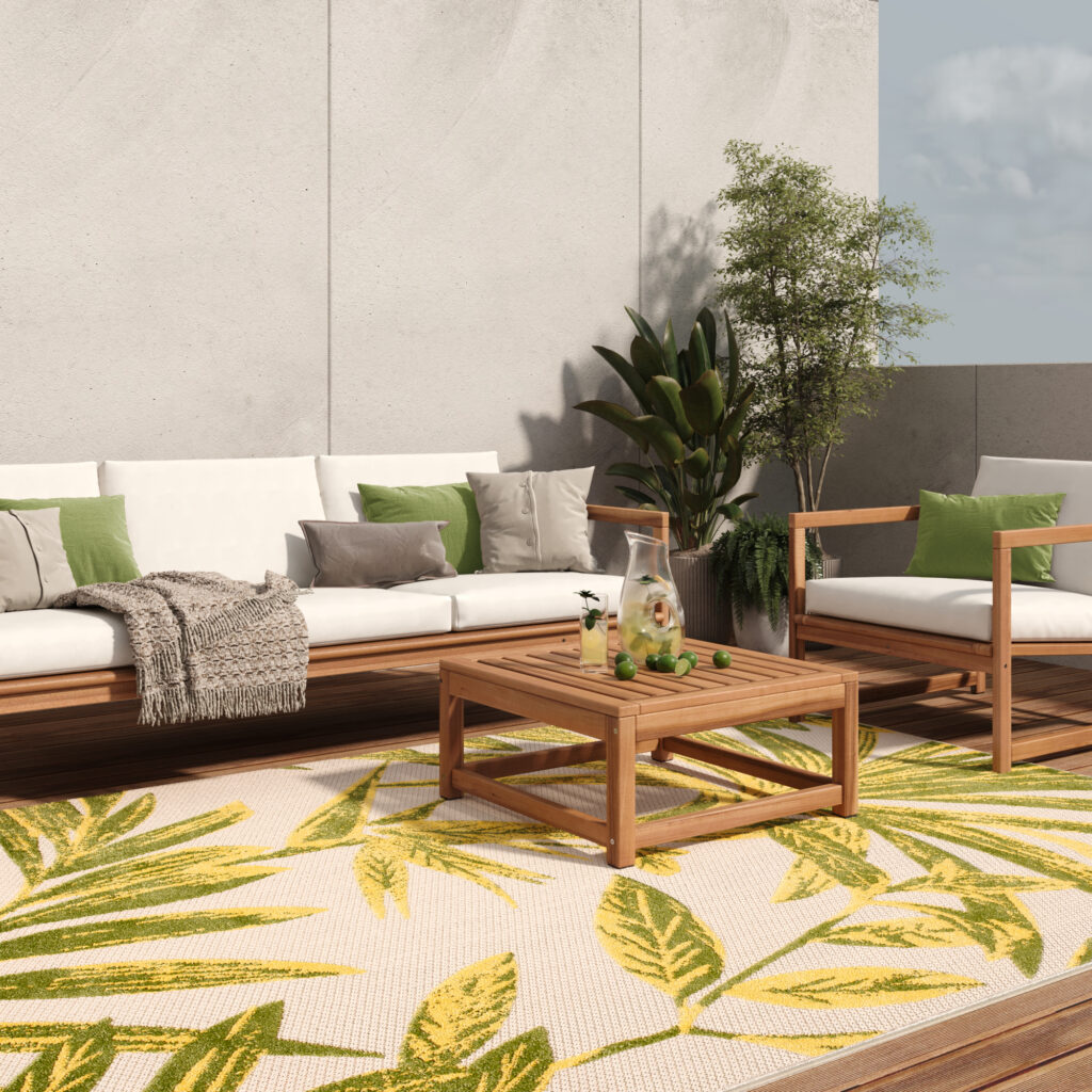 Alfombra Exterior Patio Crema Verde Hojas