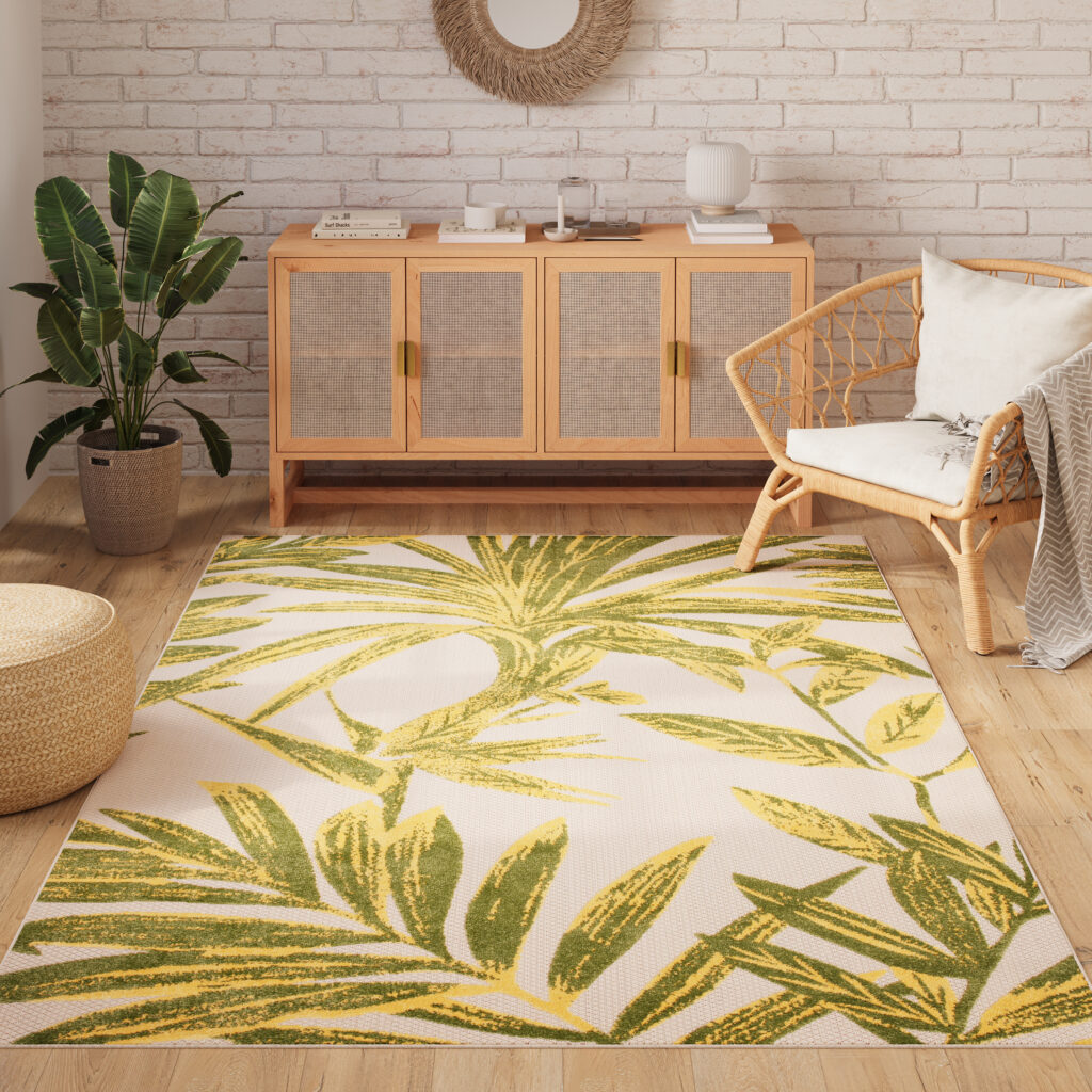 Alfombra Exterior Patio Crema Verde Hojas