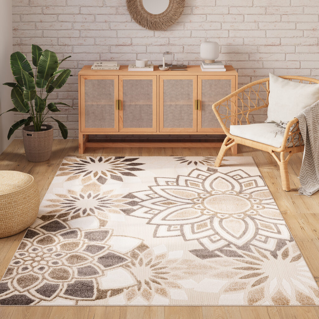 Alfombra Exterior Patio Crema Gris Floral