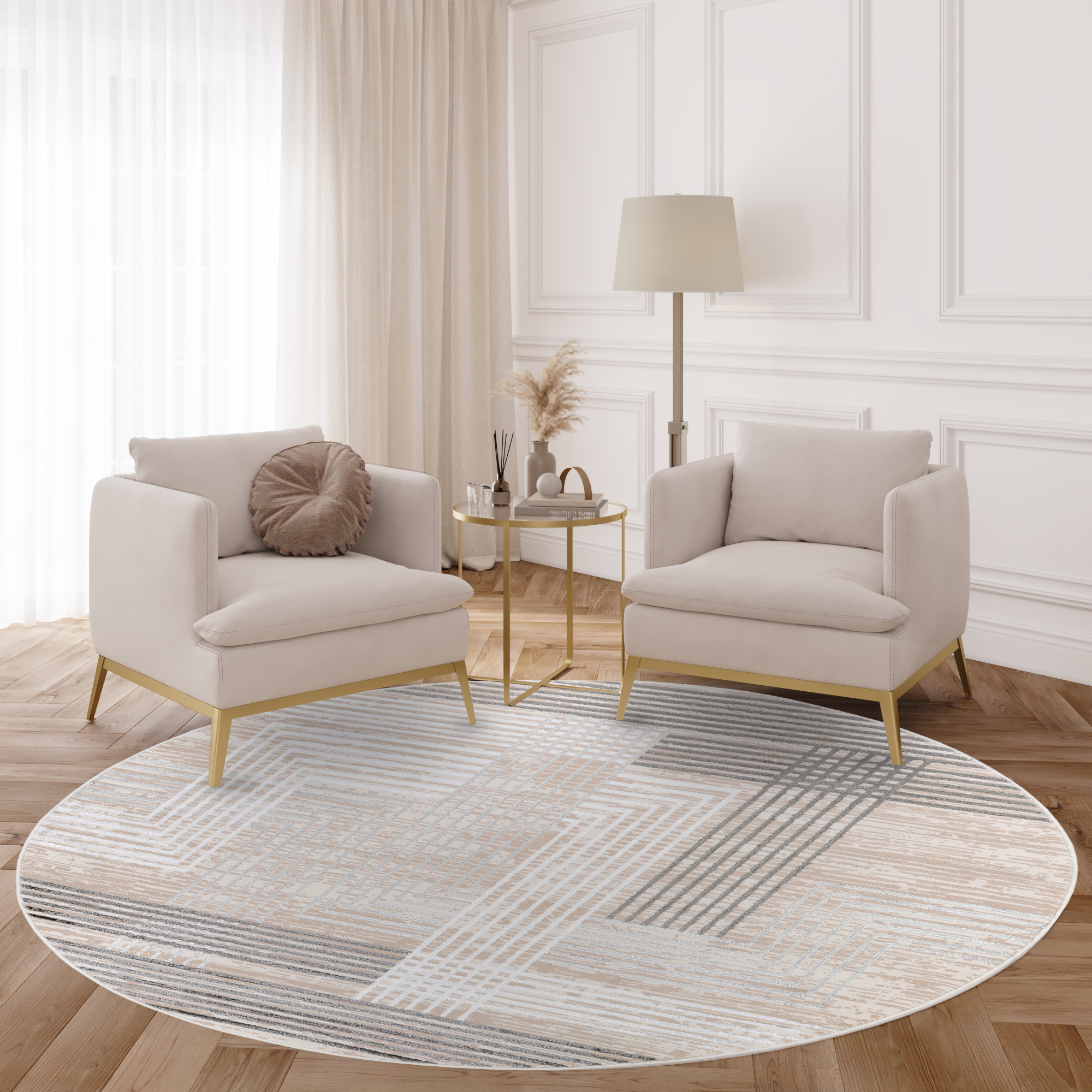 Alfombra Crystal Redonda Gris Beige Crema Rayas