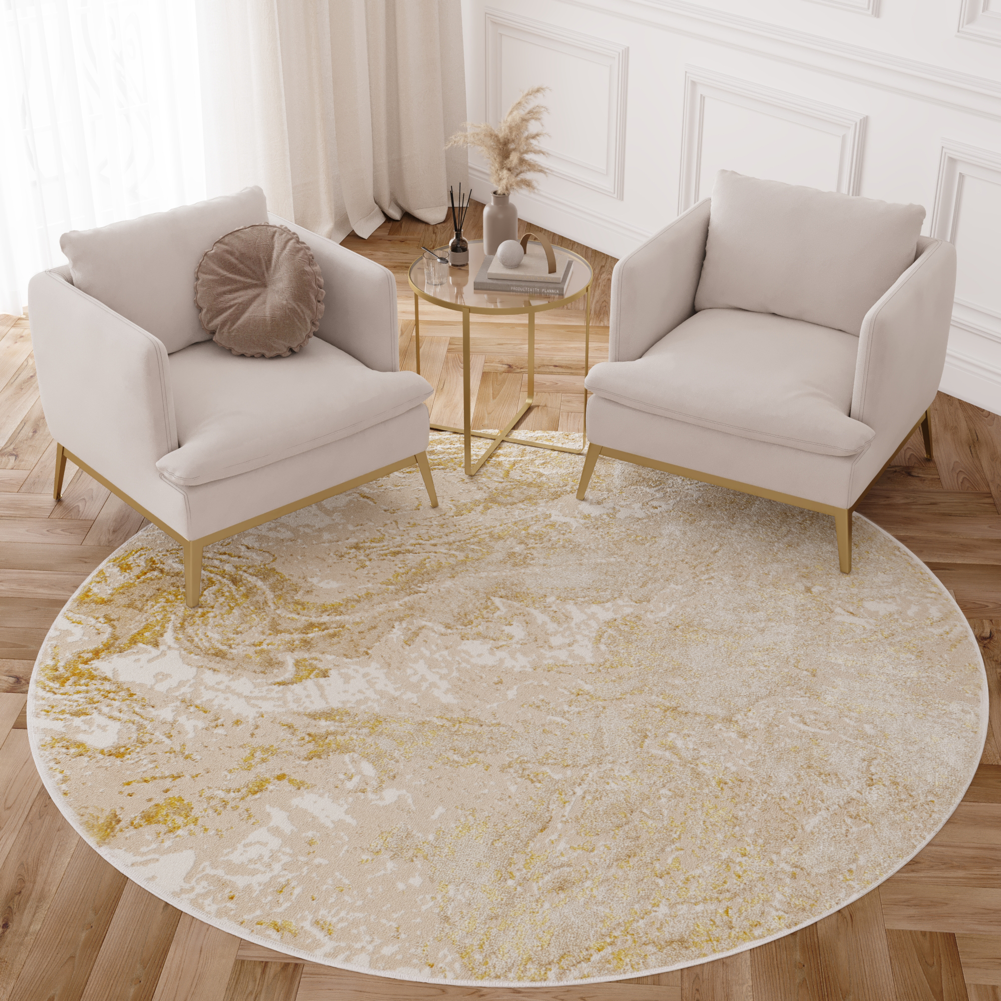 Alfombra Crystal Redonda Beige Dorado Crema Mármol