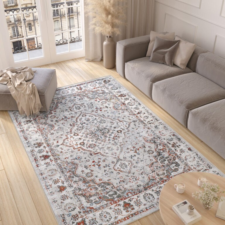 Alfombra Valley Gris Rojo Ladrillo Vintage Borde