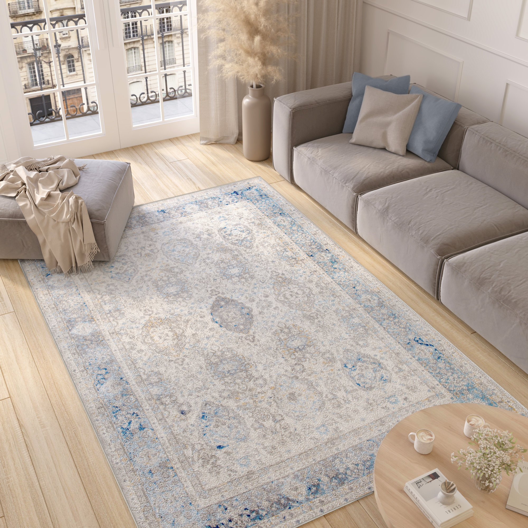 Alfombra Valley Gris Azul Vintage Borde