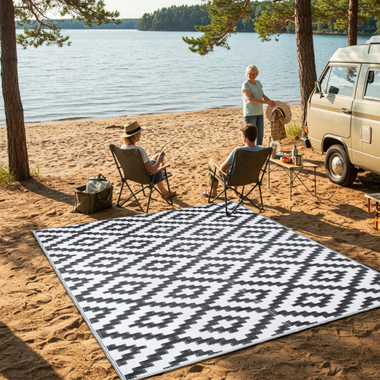 Alfombra Ibiza Exterior Reversible Impermeable Negro Blanco