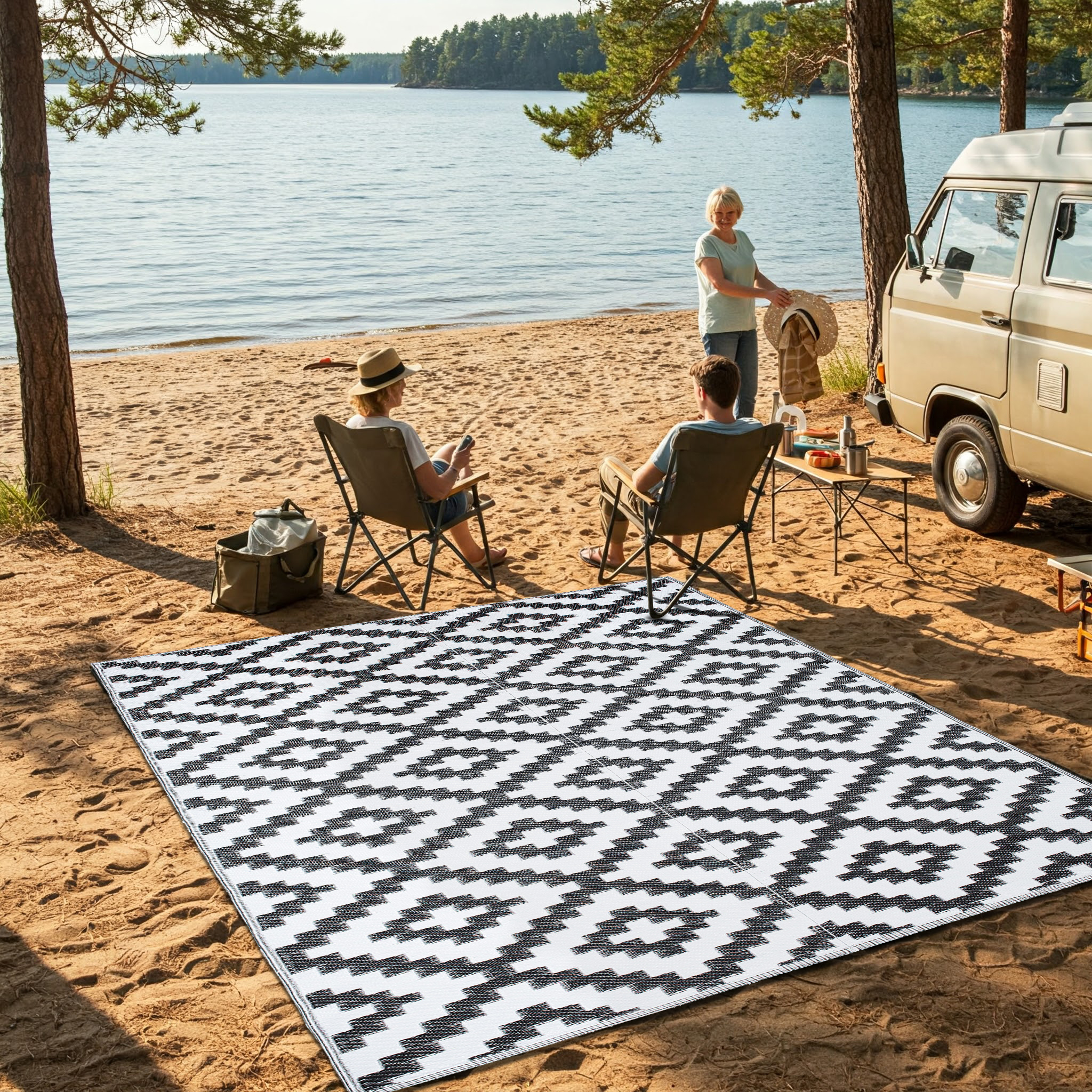 Alfombra Ibiza Exterior Reversible Impermeable Negro Blanco