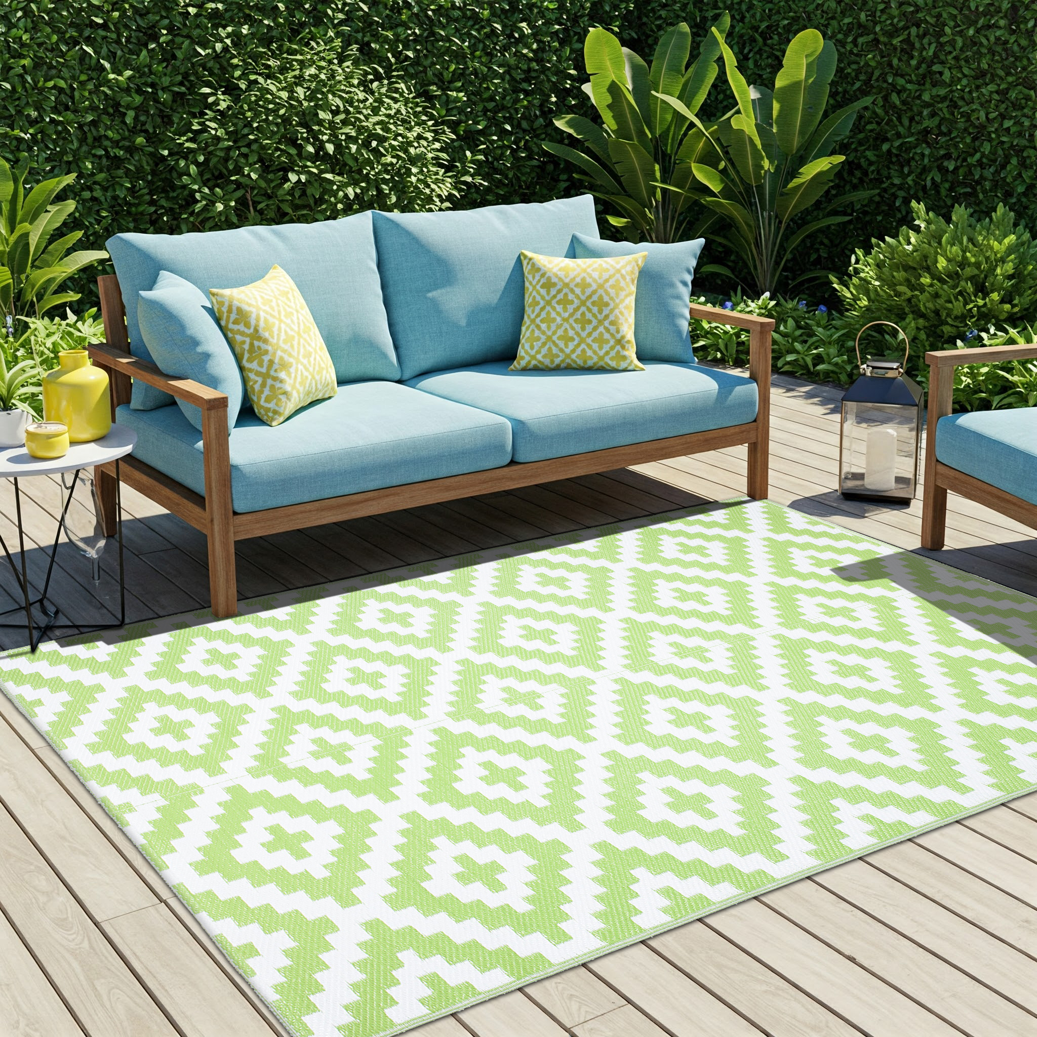 Alfombra Ibiza Exterior Reversible Impermeable Verde Blanco