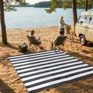 Alfombra Ibiza Exterior Reversible Impermeable Negro Blanco Rayas