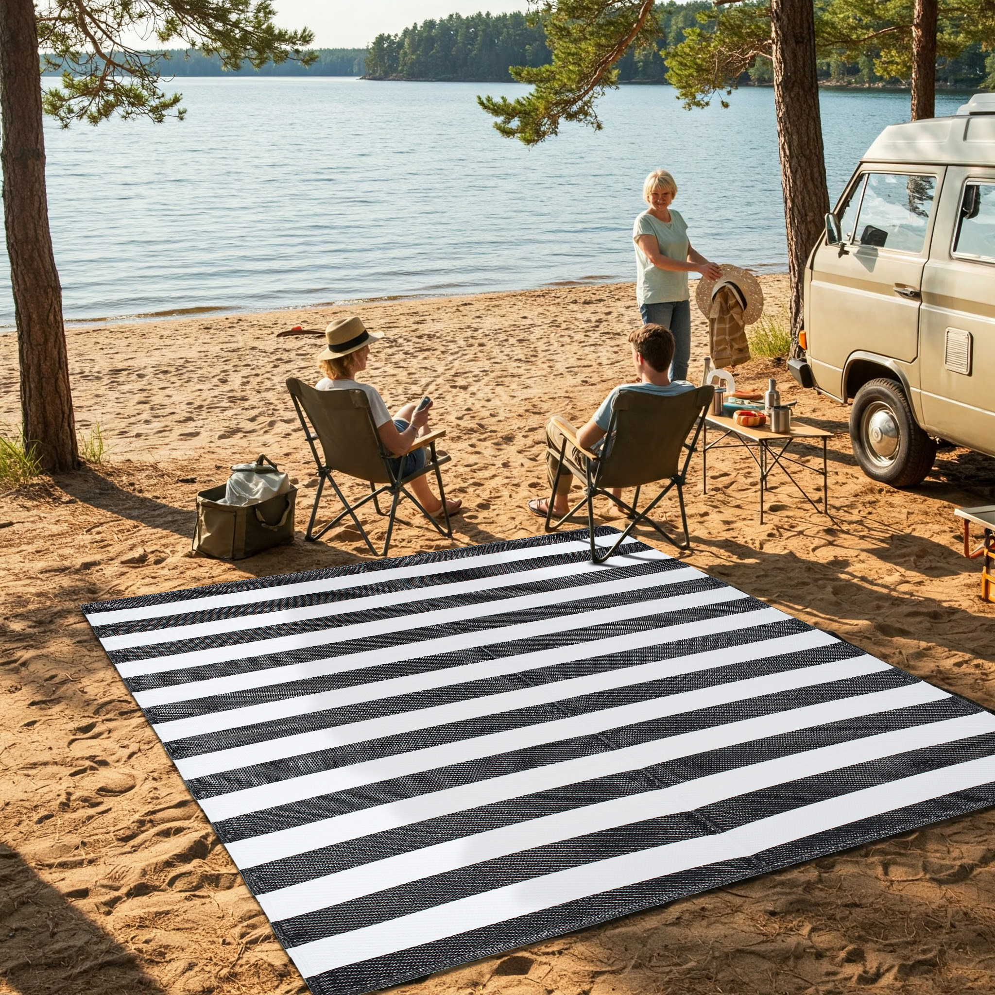 Alfombra Ibiza Exterior Reversible Impermeable Negro Blanco Rayas
