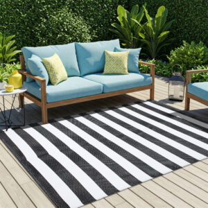 Alfombra Ibiza Exterior Reversible Impermeable Negro Blanco Rayas