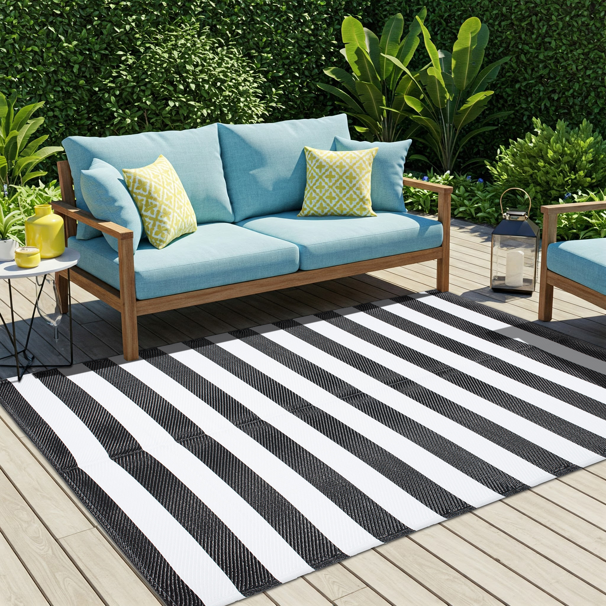 Alfombra Ibiza Exterior Reversible Impermeable Negro Blanco Rayas