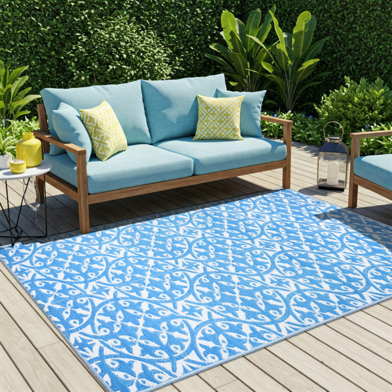 Alfombra Ibiza Plástico Reversible Impermeable Azul Marino Blanco Círculos