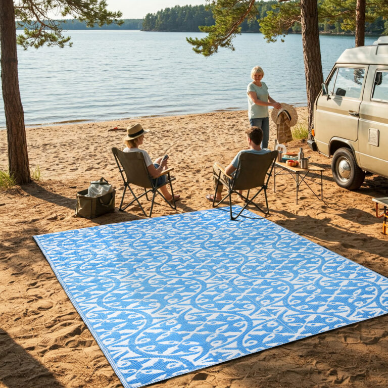 Alfombra Ibiza Plástico Reversible Impermeable Azul Marino Blanco Círculos