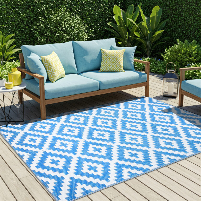 Alfombra Ibiza Exterior Reversible Impermeable Azul Marino Blanco