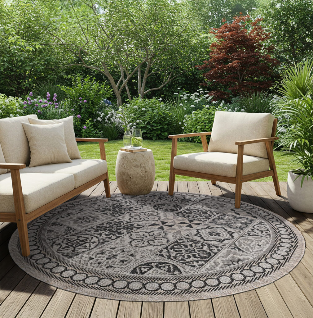 Alfombra Melissa Redonda Marrón Negro Mosaico Indoor Outdoor