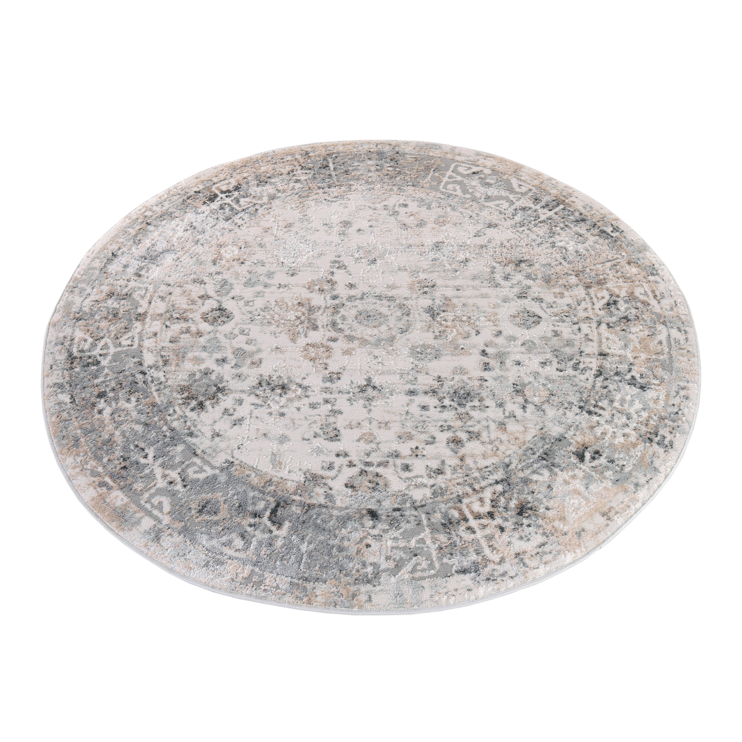 Alfombra Valley Redonda Gris Beige Ornamental Borde