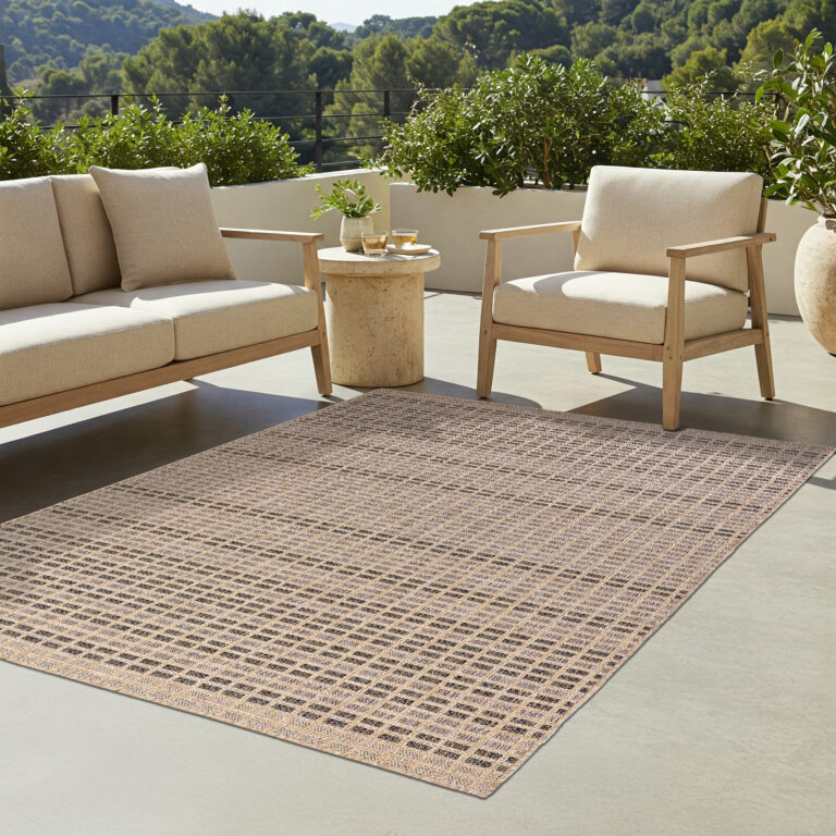 Alfombra de Exterior Yucana Beige Marrón Cuadros