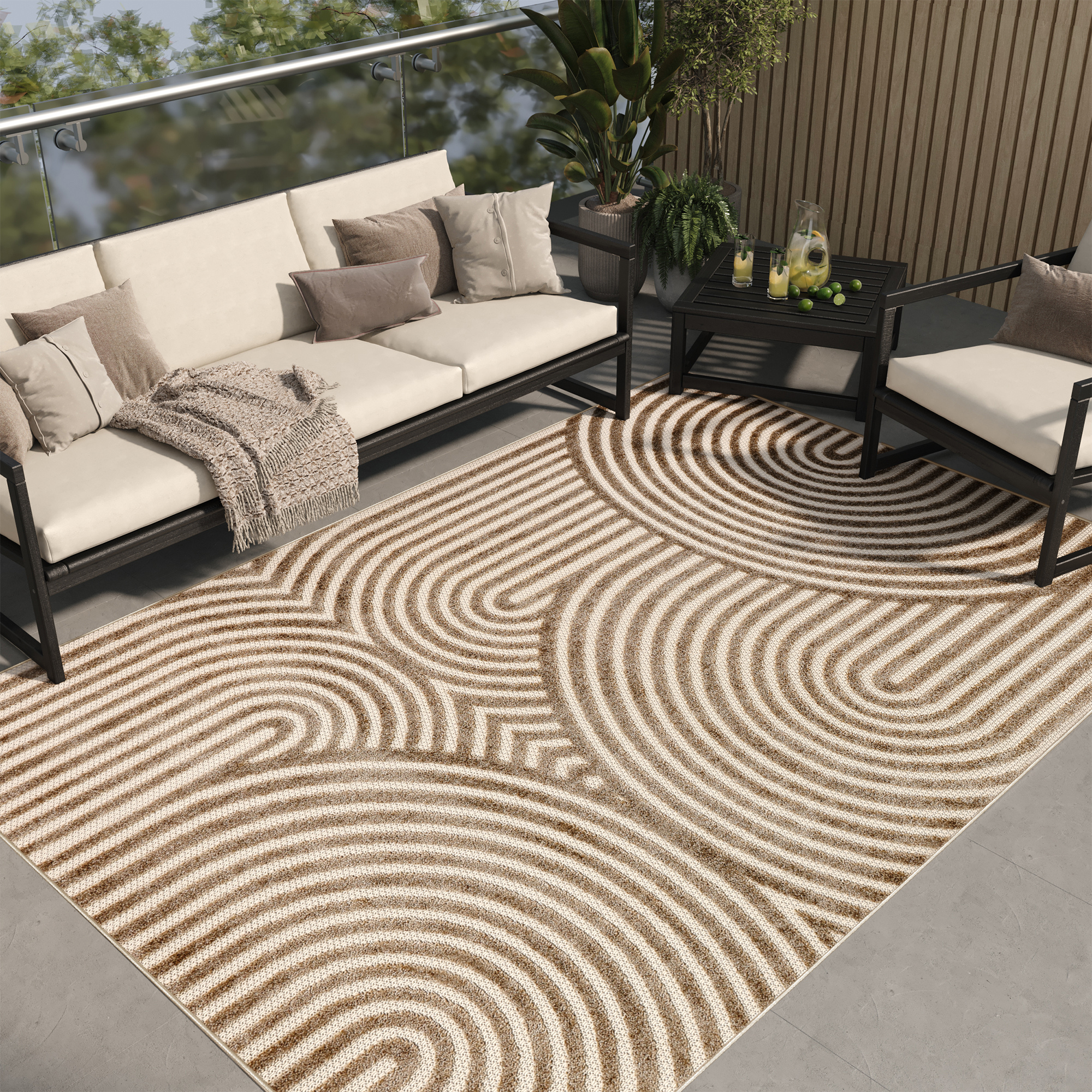 Alfombra Exterior Patio Beige Crema Líneas