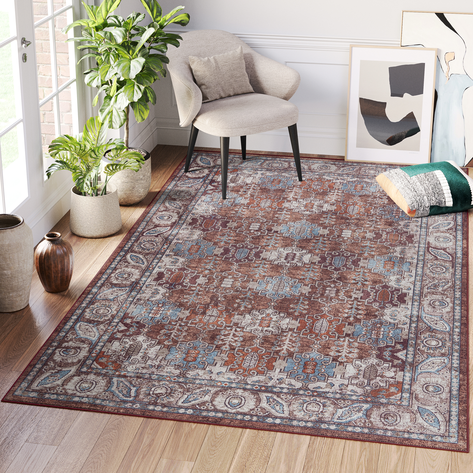 Alfombra Dubai Burdeos Ornamentos Antideslizante