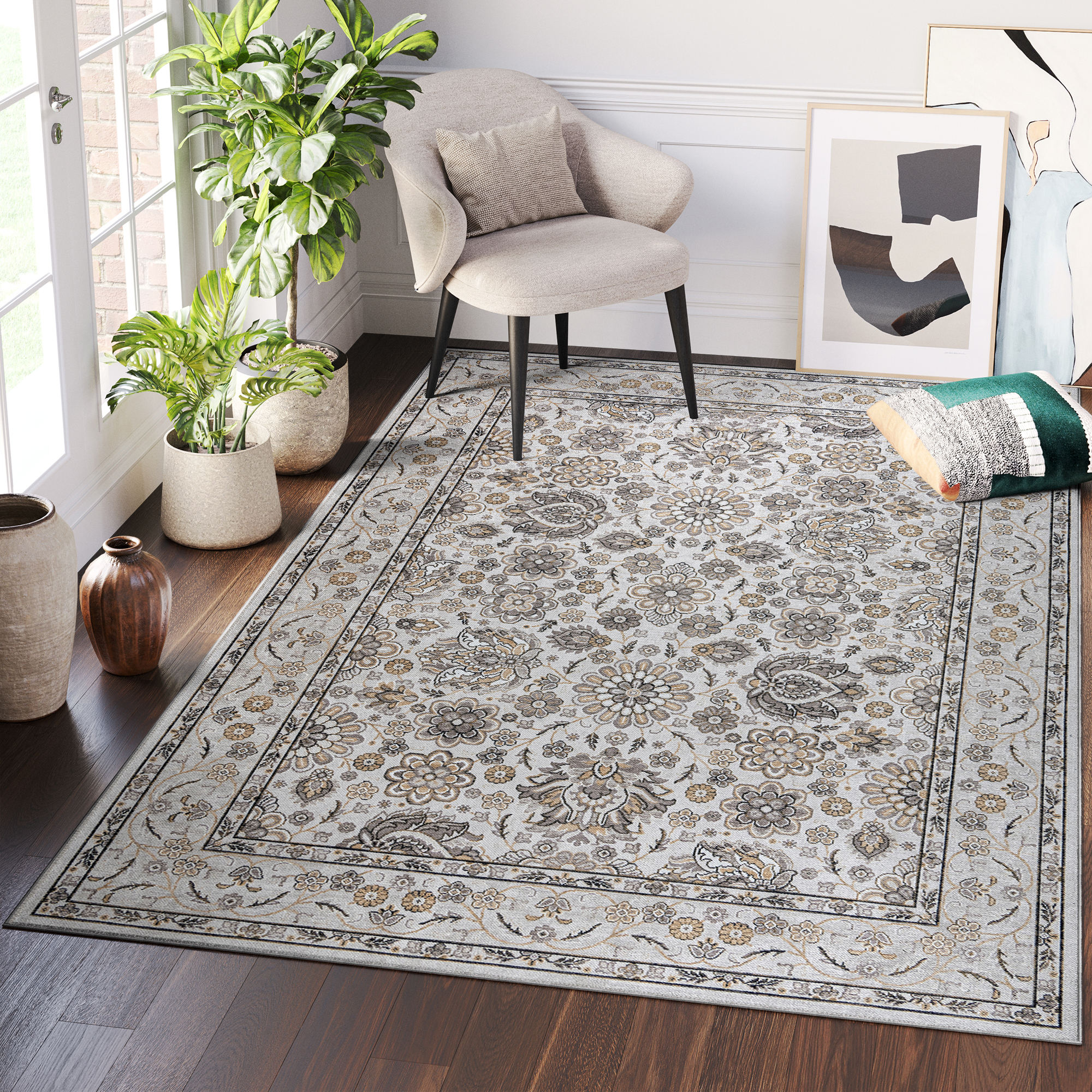 Alfombra Dubai Beige Motivo Floral Antideslizante