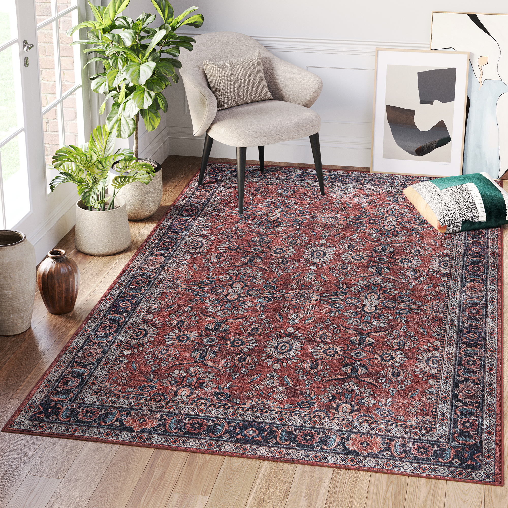 Alfombra Dubai Roja Ornamentos Antideslizante