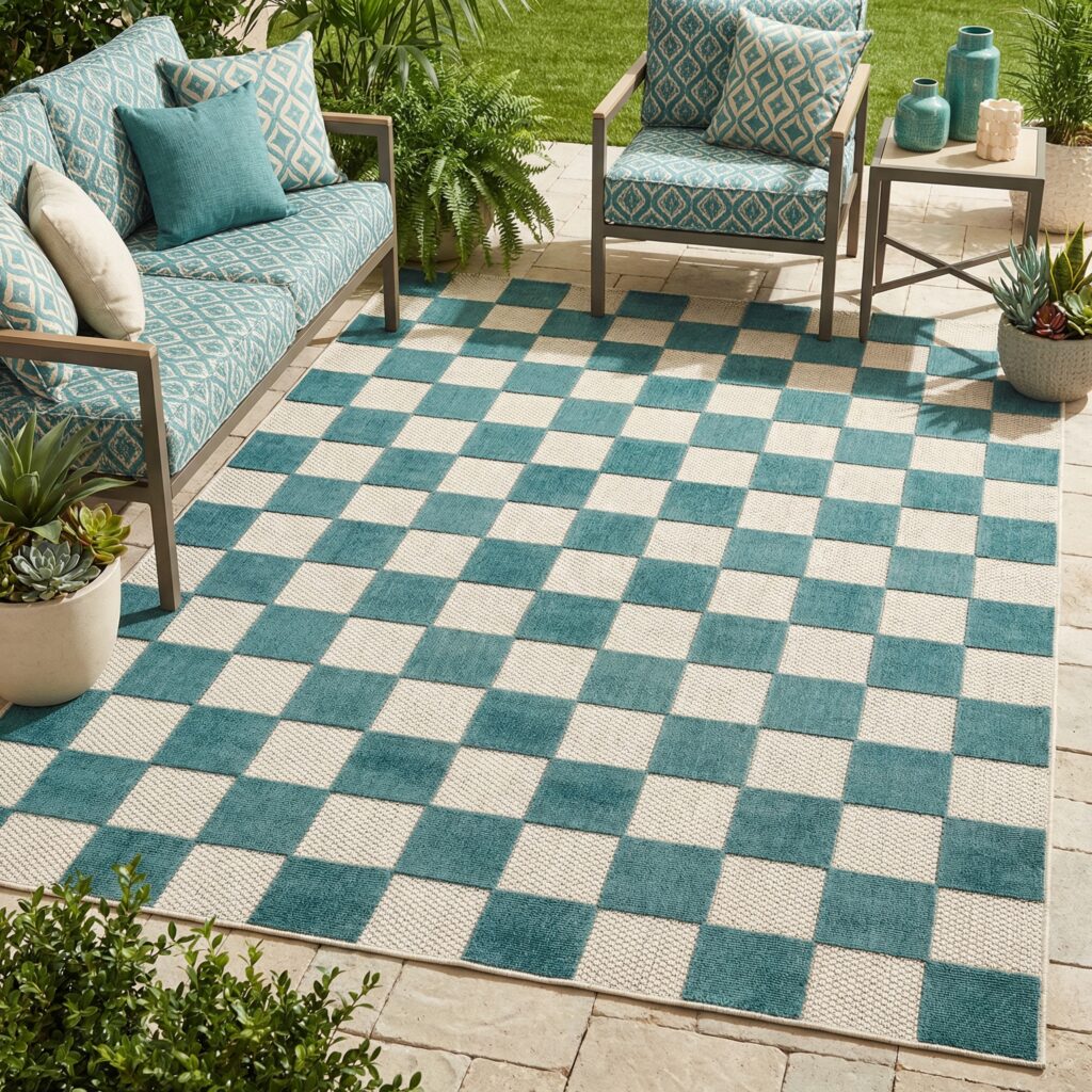 Alfombra de Exterior Checker Crema Turquesa