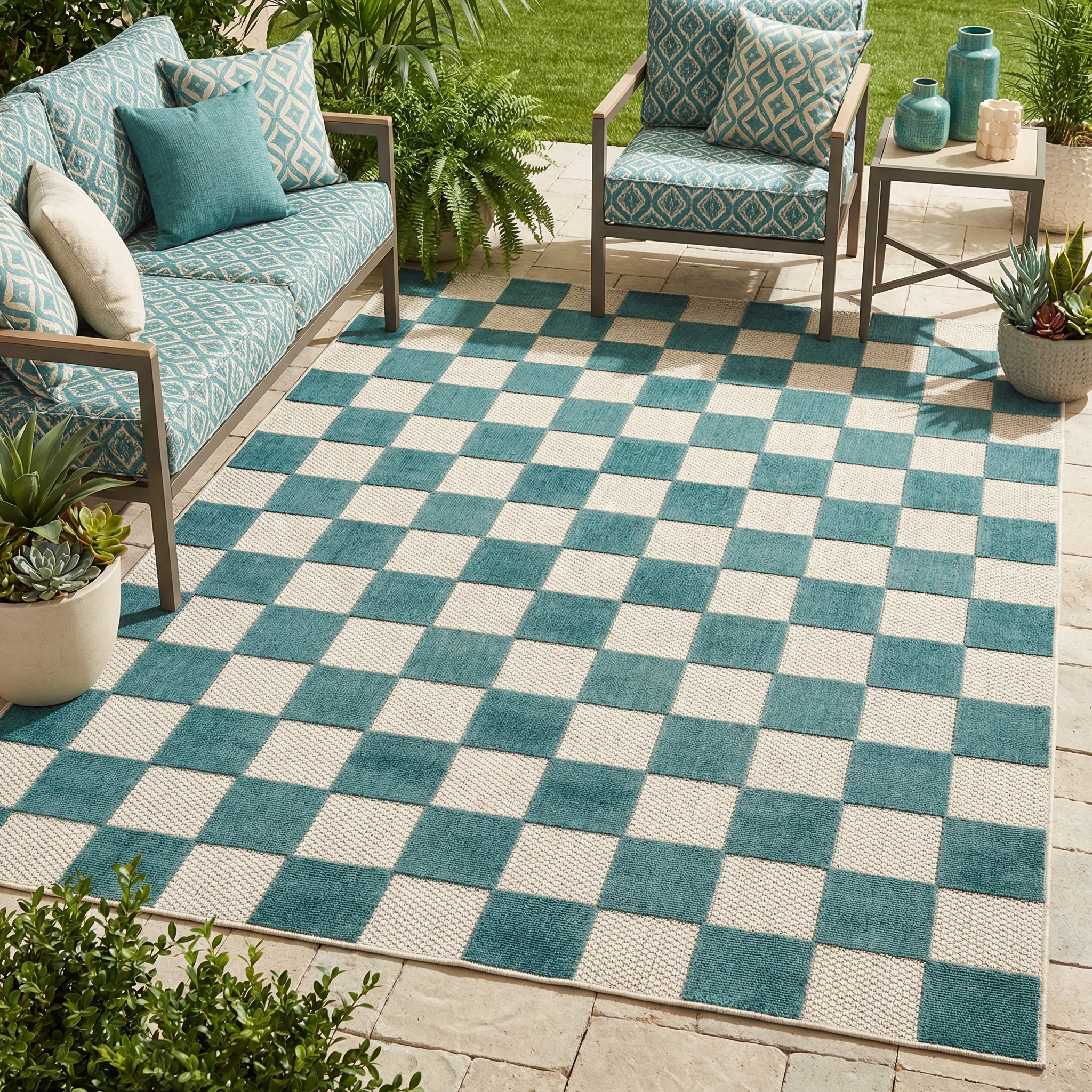 Alfombra de Exterior Checker Crema Turquesa