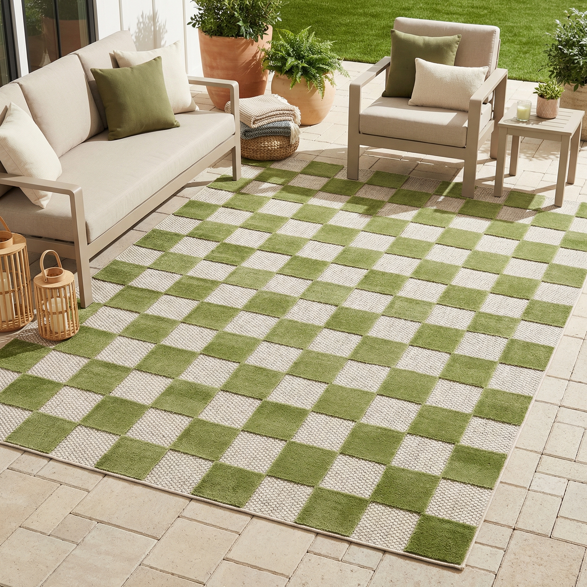 Alfombra de Exterior Checker Crema Verde