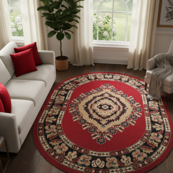 Alfombra Atlas Ovalada con Rojo Beige Ornamento