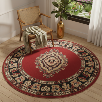 Alfombra Atlas Redonda con Ornamento Rojo Beige