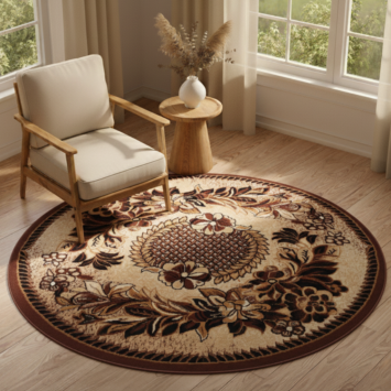 Alfombra Atlas Redonda Beige Marrón Motivo Floral