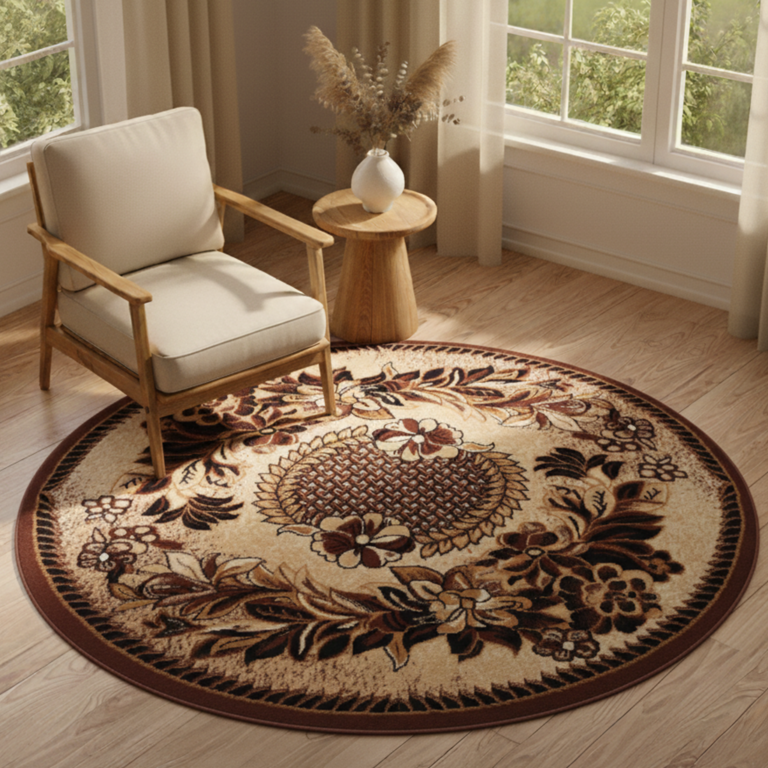Alfombra Atlas Redonda Beige Marrón Motivo Floral