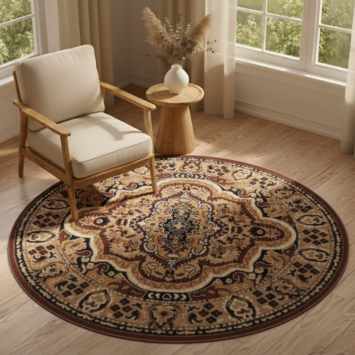 Alfombra Atlas Redonda Clásica Beige Marrón Ornamento