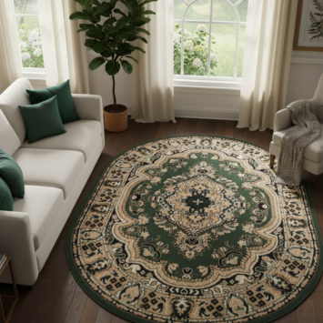 Alfombra Atlas Ovalada Clásico Beige Verde Ornamento