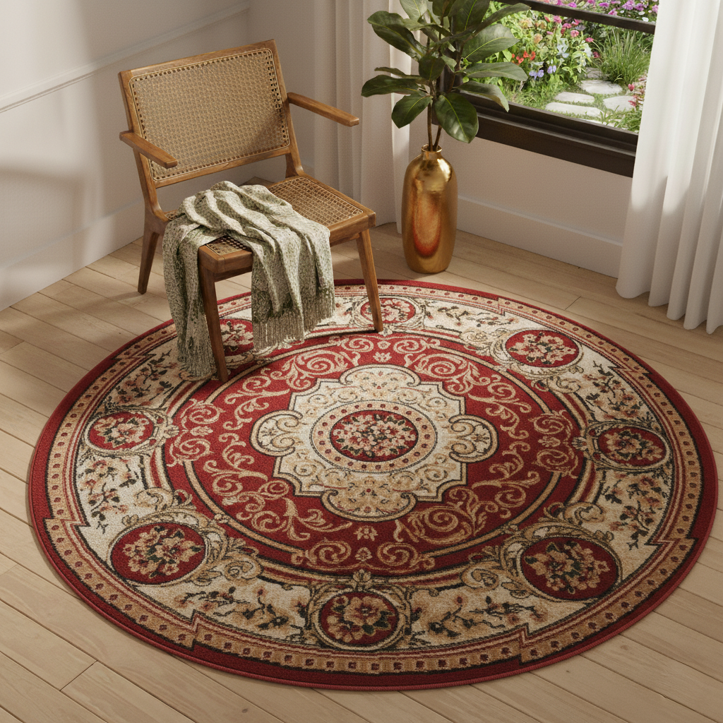 Alfombra Atlas Redonda Clásica Rojo Beige Ornamento