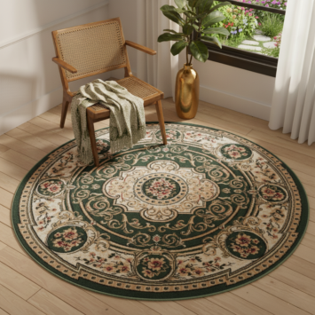 Alfombra Atlas Redonda Clásica Verde Beige Ornamento