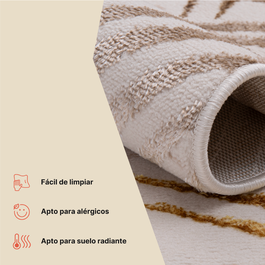 Alfombra Crystal Dorado Marrón Crema Hojas Efecto 3D